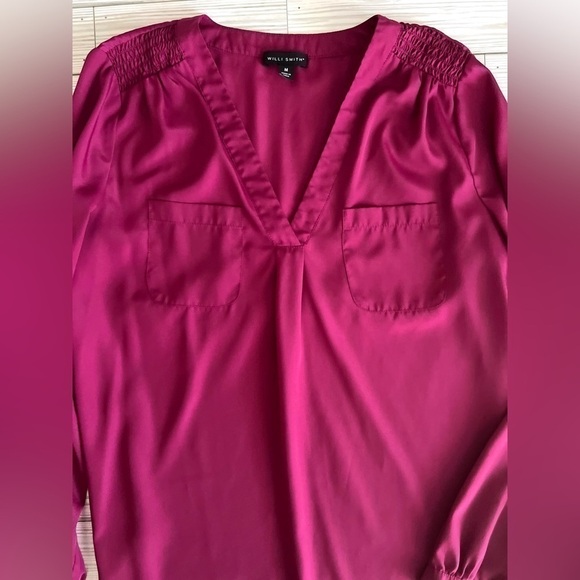 WILLI SMITH Women's V-Neck Fuchsia Long Sleeve Career Blouse Medium Relaxed Fit - Picture 10 of 12